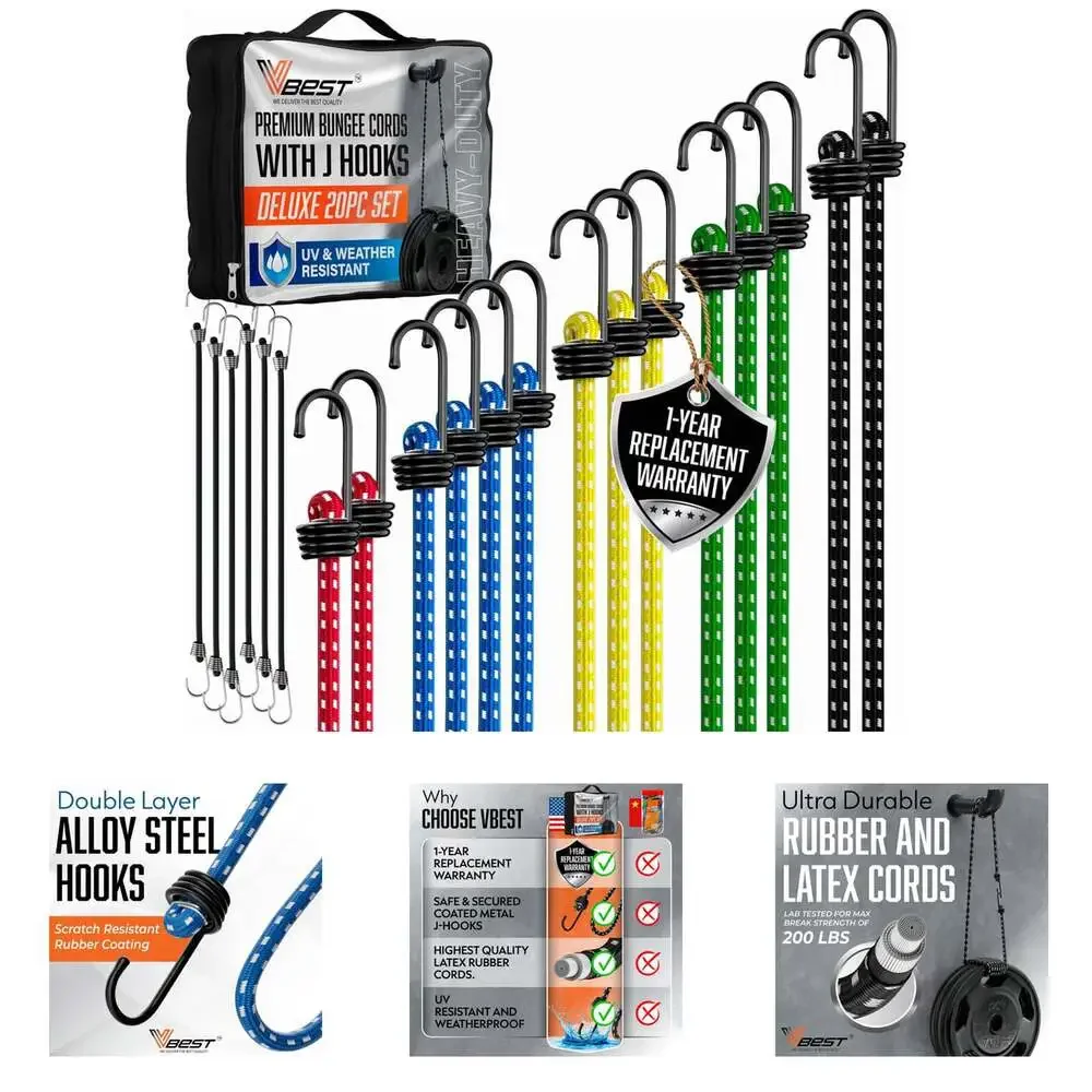 Heavy Duty Bungee Cords with Hooks Set 20 Piece Assorted Sizes UV Resistant